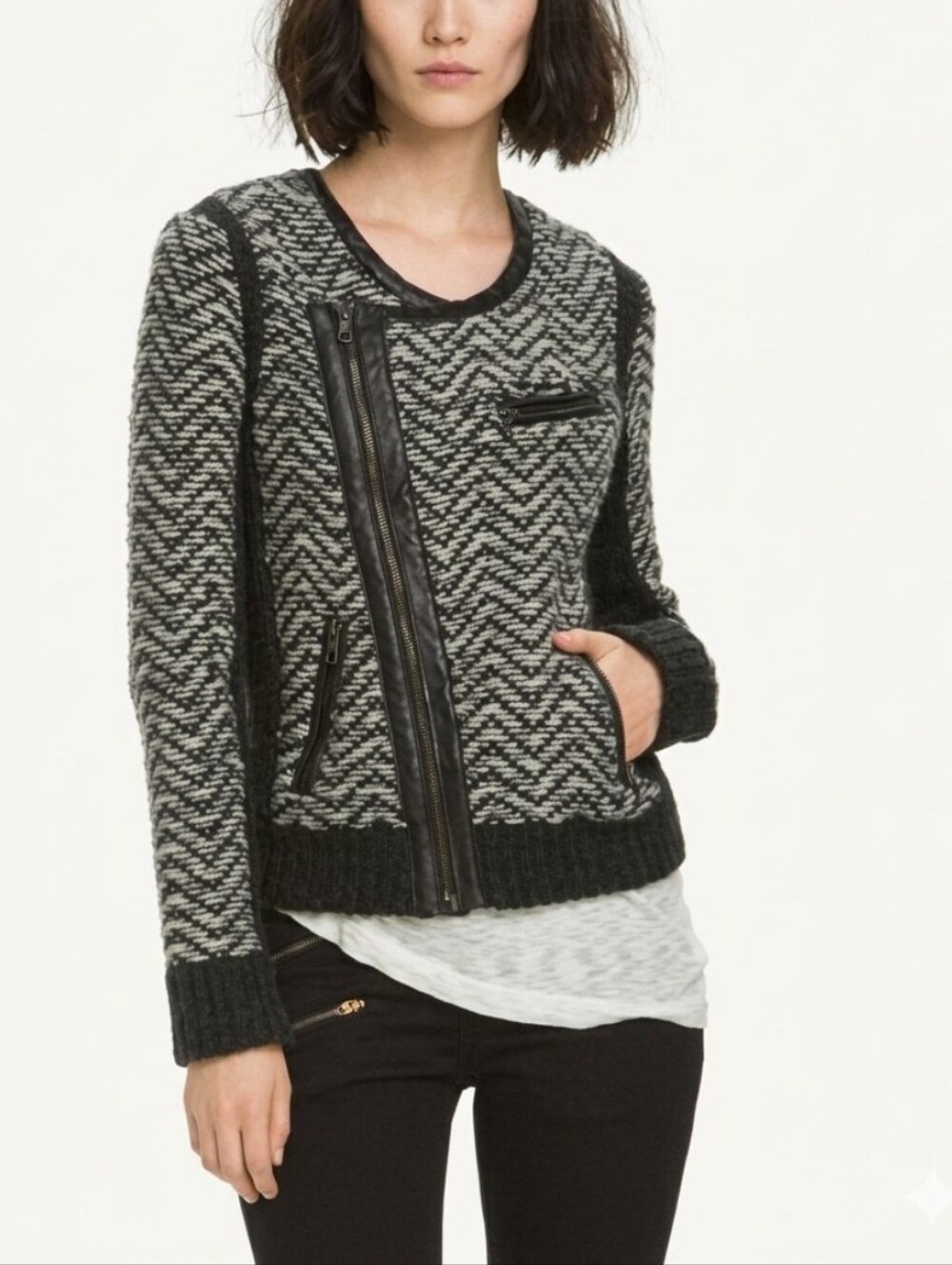Rag & Bone Samantha Wool Knit Leather Trim Moto Jacket XS Excellent Condition